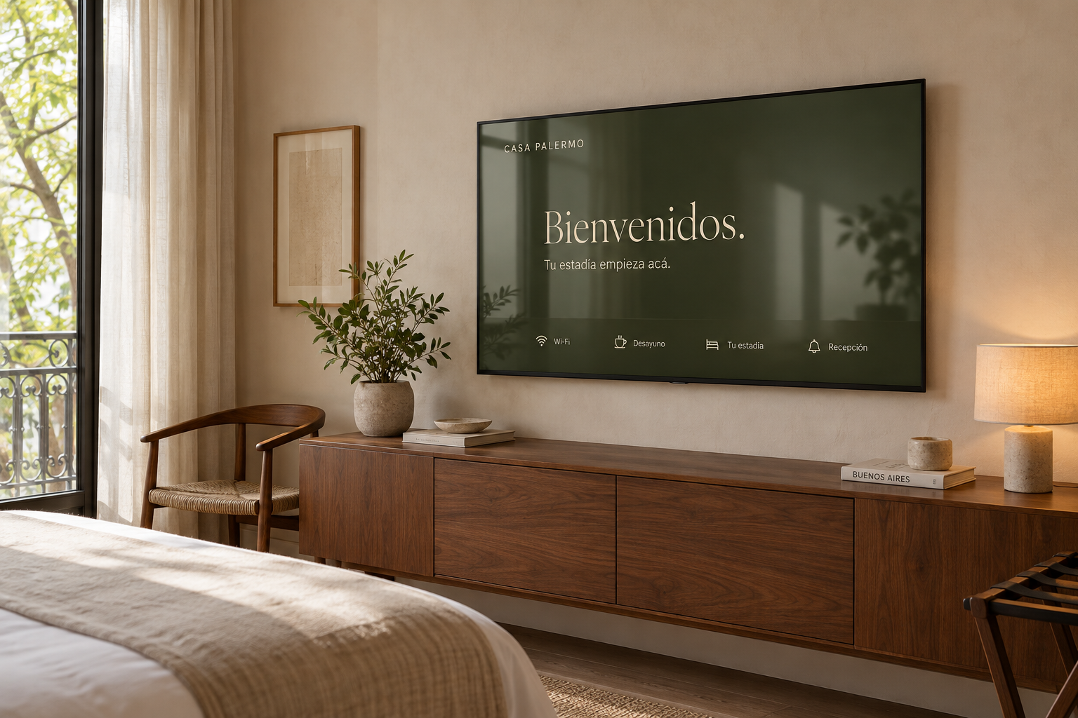 Ilustración de una habitación boutique con madera, luz cálida y un televisor de bienvenida
